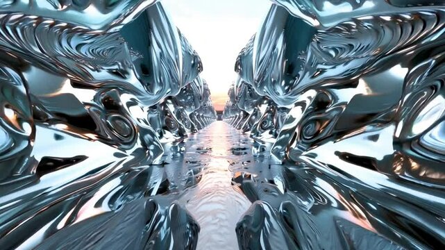 Liquid Metal Corridor: A mesmerizing journey through a futuristic tunnel of molten chrome, reflecting a distant sunset in its fluid surfaces. 