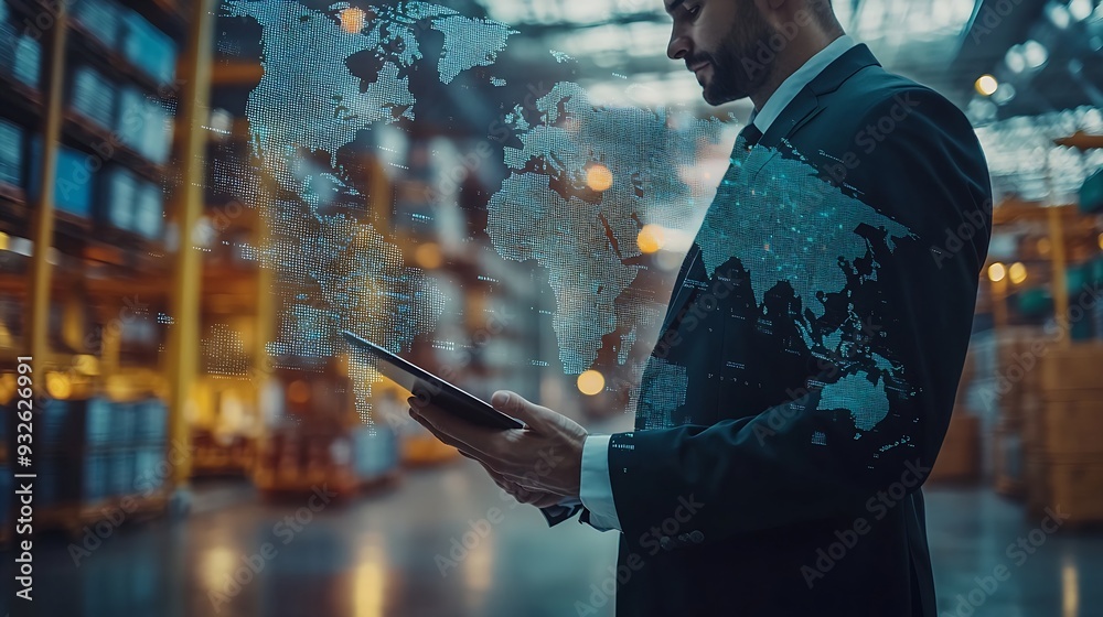 Poster Multiple exposures of Businessman touching tablet for analyze stock at logistics port and world map with logistic network distribution : Generative AI
