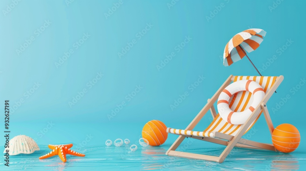 Wall mural Summer Beach Relaxation with Striped Lounger and Umbrella