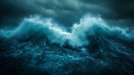 Fototapeta premium The power and beauty of nature are on full display in this image of a stormy ocean with large crashing waves in the background : Generative AI