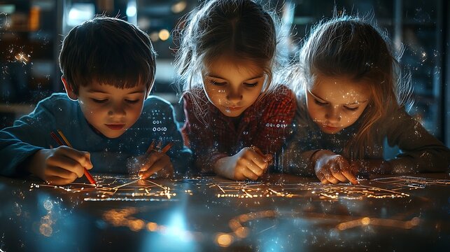 Image of mathematical equations over diverse schoolchildren writing Global education and digital interface concept digitally generated image : Generative AI