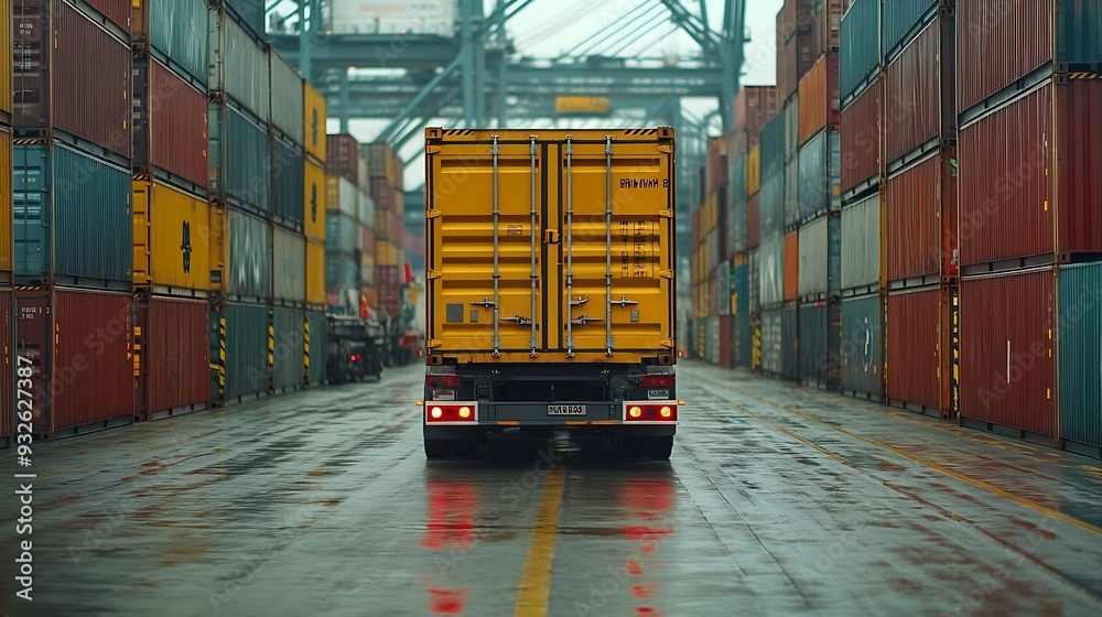 Poster container truck in ship port for business logistics and transportation of container cargo ship and c