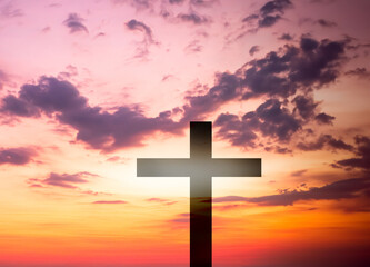 Cross christian god religion on sunset background, jesus church worship pray catholic grace christ, symbols christ love holy spiritual hope peach victory spirit meditation catholicism crucifix trush.