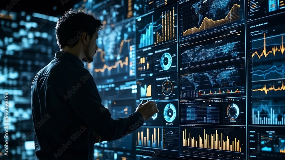 Aufkleber Analyst utilizing technology and dashboard with charts data science and Big Data technology for business Strategic data management system with KPI organization performance with technol : Generative AI