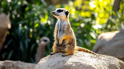 Meerkat in a zoo enclosure Capturing the charm of this solitary yet sociable mammal the photo highlights the inquisitive nature of meerkats in a captive setting : Generative AI