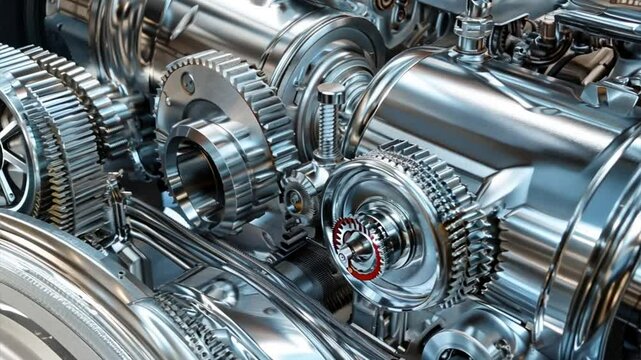 Engineered Precision: A mesmerizing close-up of a gleaming engine's intricate gears, showcasing the beauty and complexity of mechanical engineering.  The chrome-plated components glisten under the lig