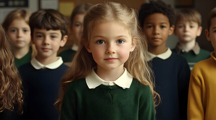 A group of children posing for a photo in a classroom setting.