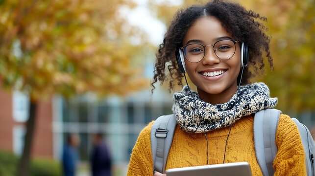 ELearning Happy Black Woman Student Using Tablet Computer Wearing Headphones Standing Near Modern University Building Outside Browsing Internet Outdoors Modern Online Education Copy Sp : Generative AI