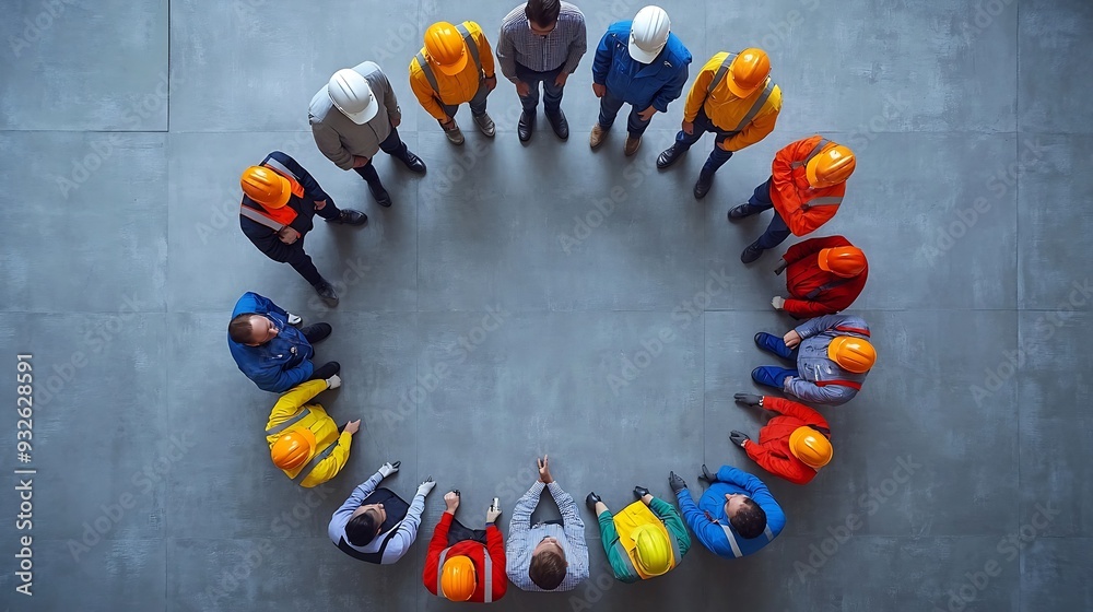 Poster teamwork image of people of various professions forming a circle businessman engineer researcher sec