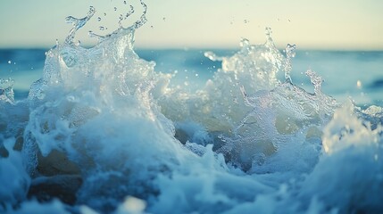 Ocean waves in motion showing the energy of the sea with splashes and mist : Generative AI