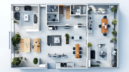 Top-down view of a modern office space with a mix of individual and collaborative work areas, including a conference room with a long wooden table, several desks, and a lounge with a couch.