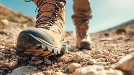A close up of hiking boot stepping on rocky terrain, conveying sense of adventure and exploration.