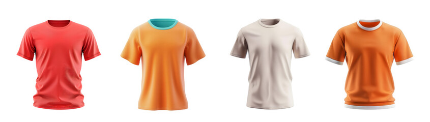 Four shirts of different colors are displayed on a white background. The shirts are orange, red, yellow, and white. on a Transparent Background