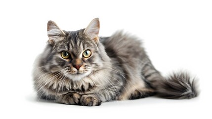 Fototapeta premium Grey stripped mixed-breed cat sitting, isolated on white. 
