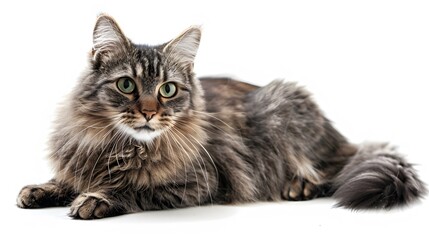 Obraz premium Grey stripped mixed-breed cat sitting, isolated on white. 