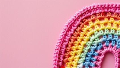 Photo of A crocheted rainbow on pink background, close-up shot