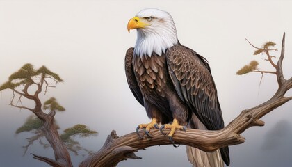 Obraz premium A bald eagle perched on a dead tree branch, with focus on its regal posture and keen eyes, t