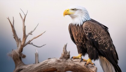 Obraz premium A bald eagle perched on a dead tree branch, with focus on its regal posture and keen eyes, t