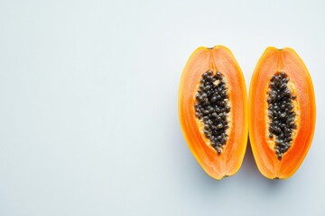 Papaya, cut in half with seeds visible on a white background