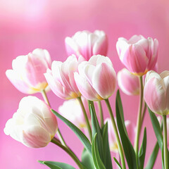 Fototapeta premium Close-up of Pink and White Tulips with Green Stems