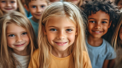 Fototapeta premium A group of smiling children posing together in a cheerful setting.