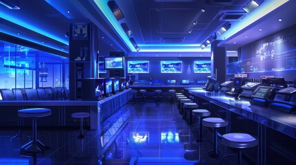 Fototapeta premium Bright blue lighting illuminates the sleek interior of an anime gaming internet cafe, filled with gaming stations and large monitors