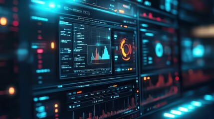 Fototapeta premium A computer monitor displays a number of graphs and charts. The colors are bright and the images are sharp, giving the impression of a high-tech environment. Scene is one of productivity and efficiency