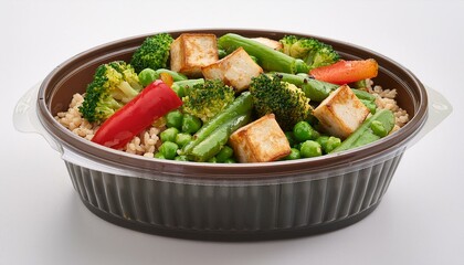  A container filled with stir-fried bell peppers, broccoli, snap peas, and tofu cubes, served