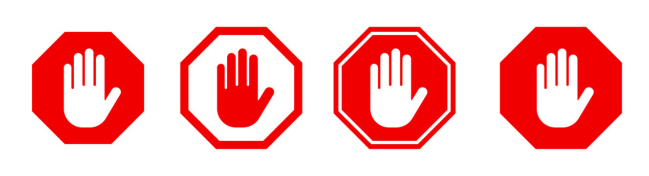 Red stop sign with hand icon set