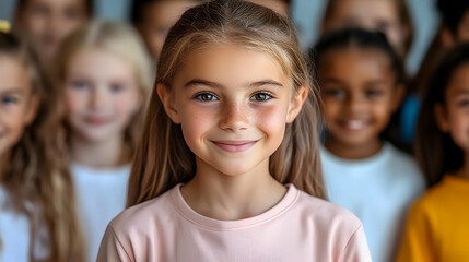 Obraz premium A group of smiling children with one girl in focus.