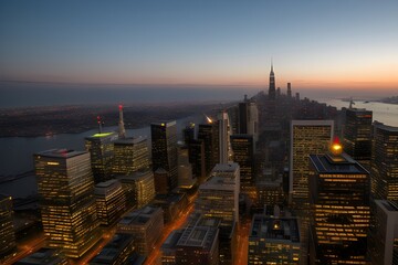Fototapeta premium Cityscape Dawn: A tranquil view of a city bathed in the soft, early morning light, symbolizing the start of a new day.