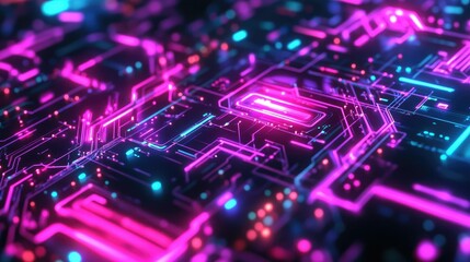Fototapeta premium Abstract digital circuit patterns in neon colors, ideal for tech and sci-fi themes.