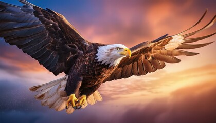 Obraz premium A majestic bald eagle soaring with wings fully spread, captured from below against a gradient