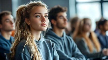 Obraz premium A group of students attentively listening in a classroom setting.