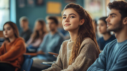A group of students attentively listening in a classroom setting.