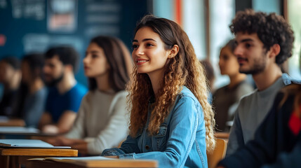 A group of students attentively listening in a classroom setting.