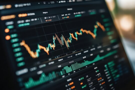 A computer screen shows a graph of stock prices. The graph is green and orange, with the green line representing the stock price and the orange line representing the volatility