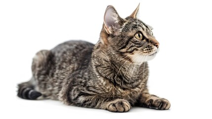 Fototapeta premium Grey stripped mixed-breed cat sitting, isolated on white. 