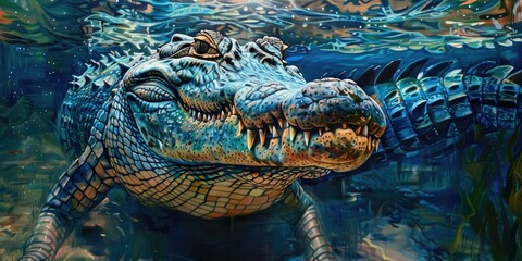 Obraz premium A massive alligator hiding beneath the surface, revealing its head and scaled skin while on the hunt.