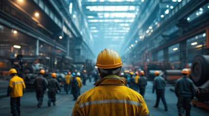 Workers in Helmets and Uniforms Navigating a Busy Steel Factory. Capturing the Dynamic Atmosphere of a Large Industrial Plant with Heavy Machinery