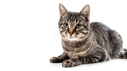 Grey stripped mixed-breed cat sitting, isolated on white. 