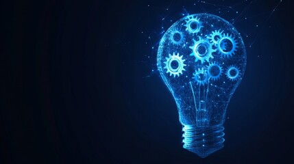 Abstract 3d light bulb with gears inside. Innovation, creativity, business technology idea concept isolated in dark blue. Low poly hand drawing with lines, dots and shapes. Digital vector illustration