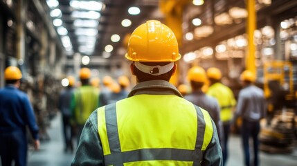 Workers in Helmets and Uniforms Navigating a Busy Steel Factory. Capturing the Dynamic Atmosphere of a Large Industrial Plant with Heavy Machinery