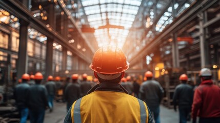 Workers in Helmets and Uniforms Navigating a Busy Steel Factory. Capturing the Dynamic Atmosphere of a Large Industrial Plant with Heavy Machinery