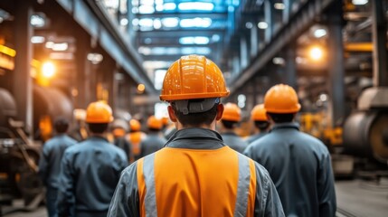 Workers in Helmets and Uniforms Navigating a Busy Steel Factory. Capturing the Dynamic Atmosphere of a Large Industrial Plant with Heavy Machinery