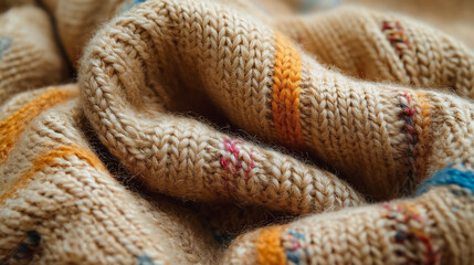 Fototapeta premium A knitted sweater with stripes and a fuzzy texture. The sweater is made of wool and has a slightly worn appearance