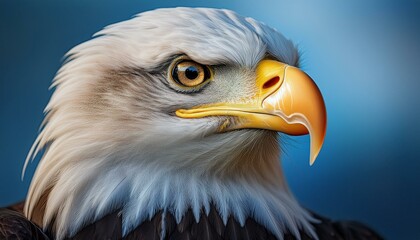 Obraz premium Close-up of a bald eagle's intense gaze, with sharp focus on its golden eye and curved beak,
