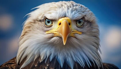 Obraz premium Close-up of a bald eagle's intense gaze, with sharp focus on its golden eye and curved beak,