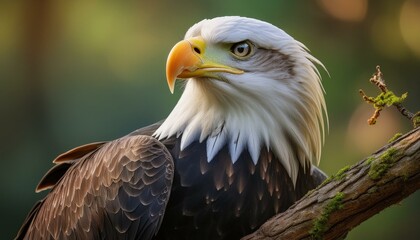 Obraz premium Detailed view of a bald eagle's talons gripping a tree branch, the background softly blurred