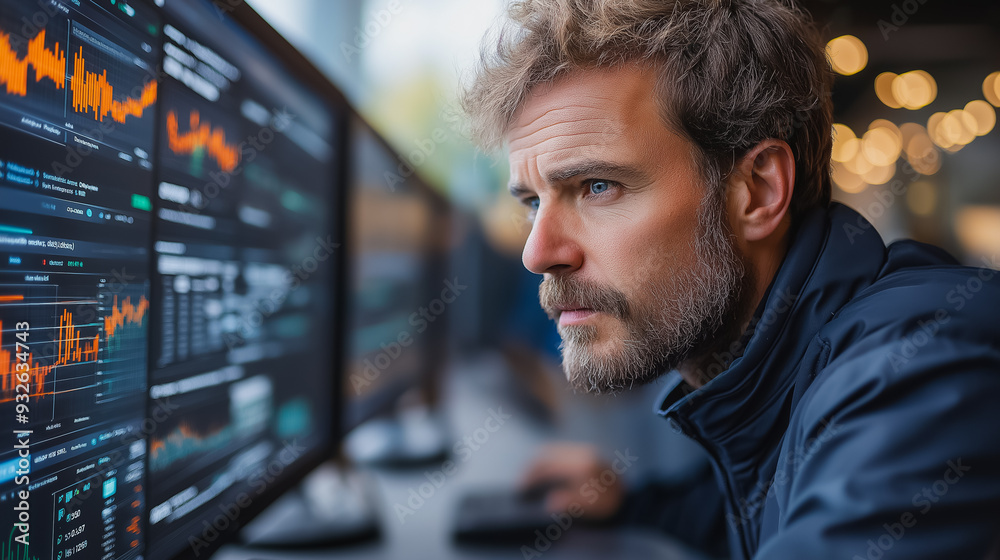 Poster a man is looking at a computer screen with a lot of numbers and graphs. he is focused and attentive,